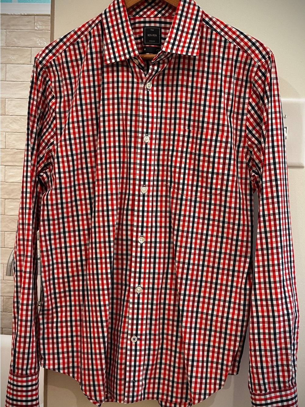 GAP No Iron Red and Navy Gingham Dress Shirt - Picture 2 of 4
